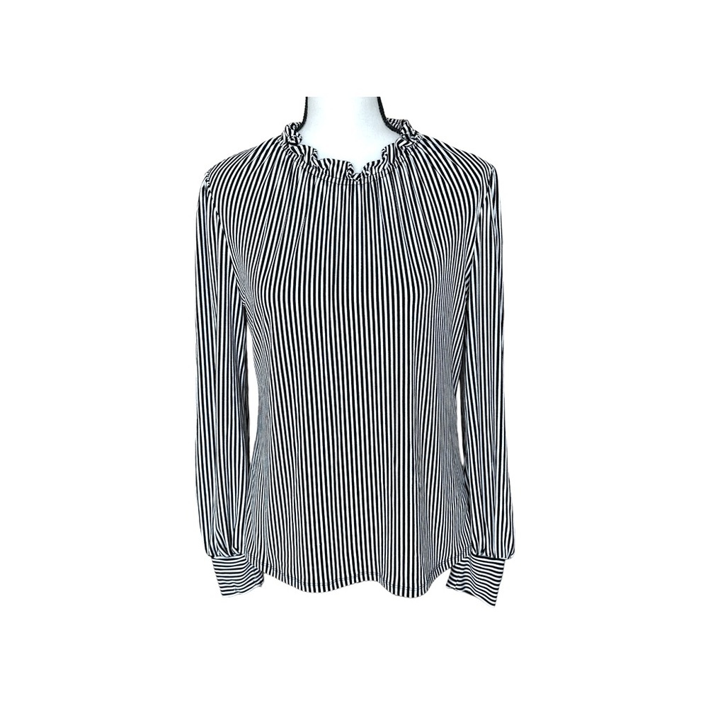 ADRIANNA PAPELL Women Stretch Comfy Blouse Classy Black White Stripe Ruffle M